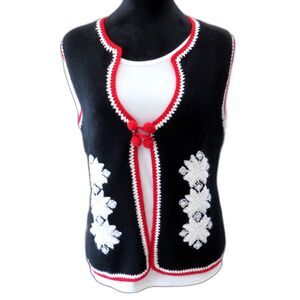 Christopher & Banks Women's Hand Crochet Sweater Vest Black/Red  L EUC